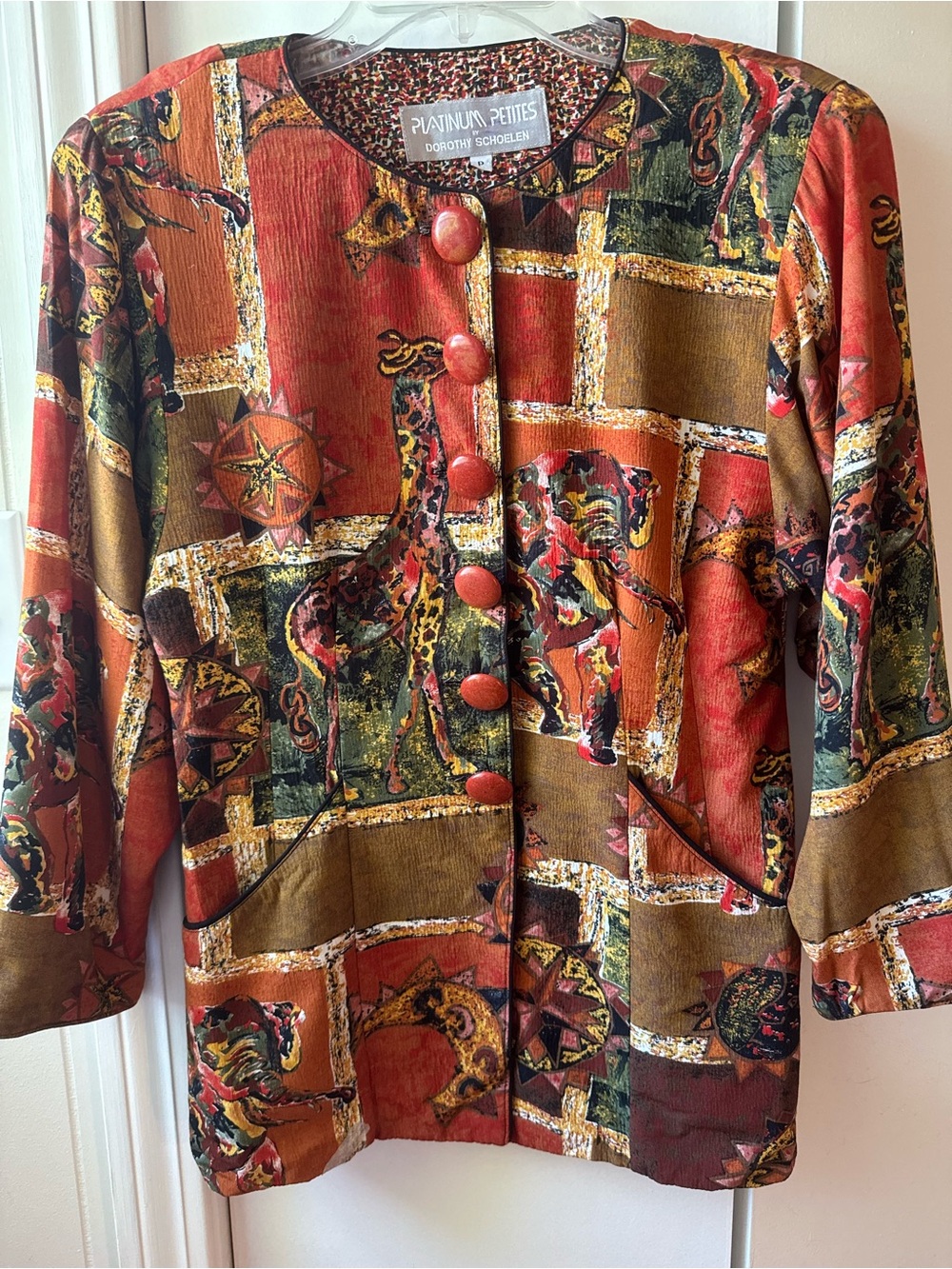 VTG 90s Platinum Petites Dorothy Schoelen Safari Art To Wear Rayon Jacket P